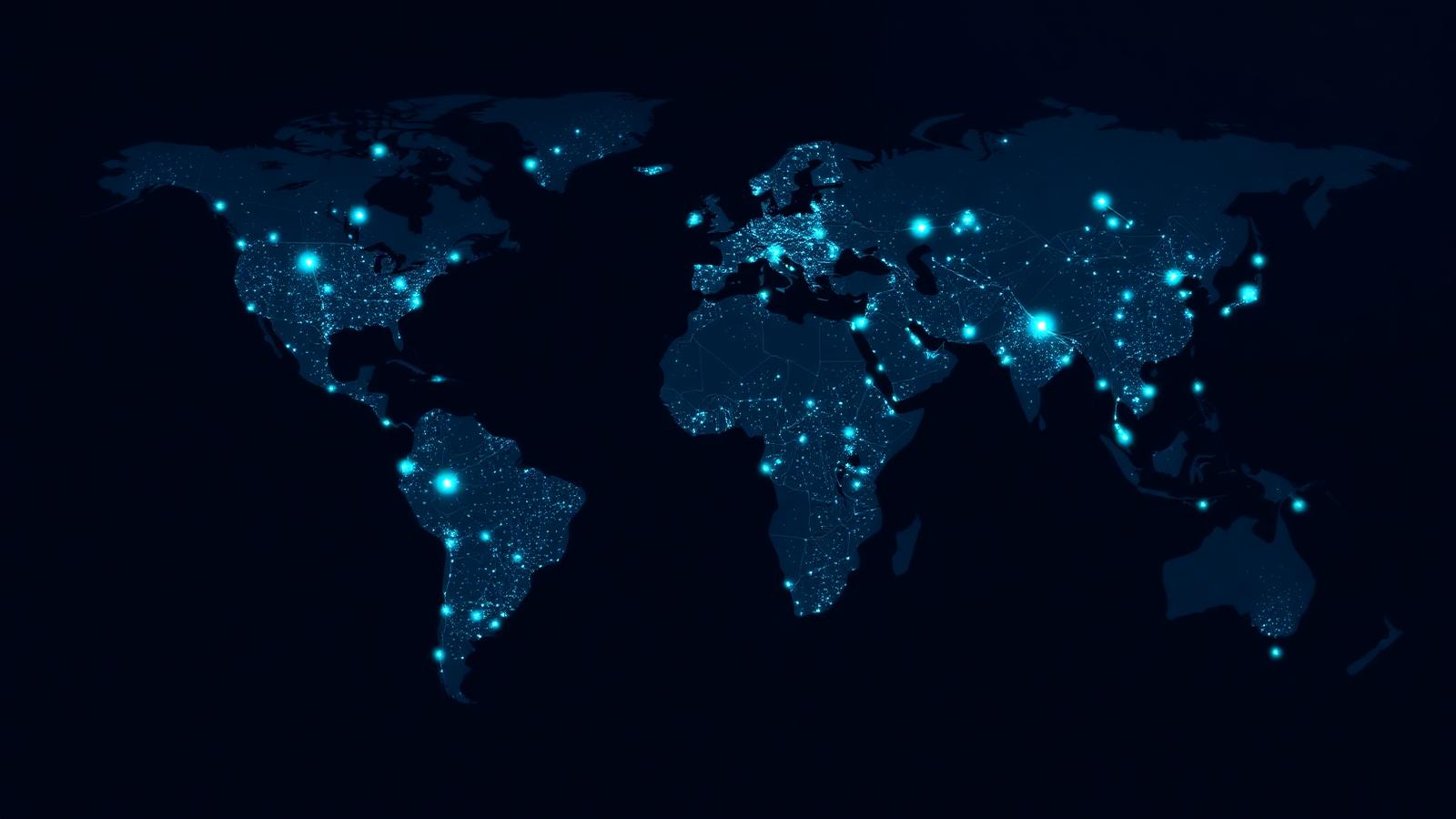 Illustrated world map with glowing nodes marking Logiware integration coverage